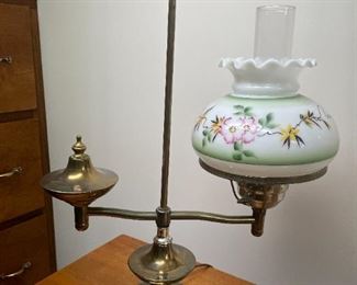 Old --Brass & Painted Glass Table Lamp