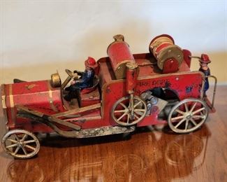 Antique Fire Truck Toy Tin and Cast Iron
