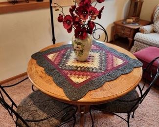 Beautiful Oak Table, 3 Wrought Iron Chairs