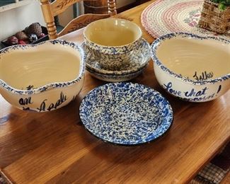 Pottery with blue sponge pattern and enamel pie plates
