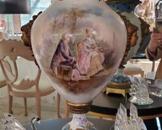 JUST ADDED. Sevres porcelain lamp with romantic couple. Porcelain portion is approx. 14” high.