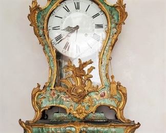 JUST ADDED. Beautiful large French lacquered shelf clock with white enameled dial, case with floral motif. Heavy bronze mountings. No marks found. Approx. 52” high