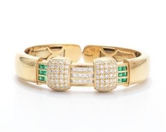 A Ladies Emerald and Diamond Slider Cuff Bracelet 