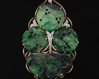 A Large Jade and Diamond Pendant Brooch 
