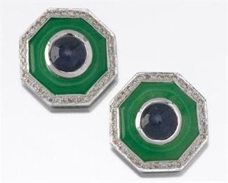 A Pair of Carved Jade, Sapphire and Diamond Earrings 