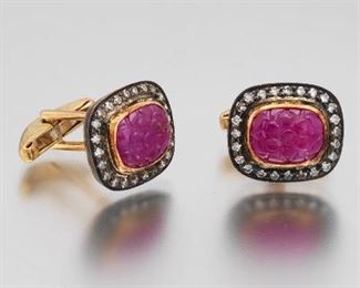 A Pair of Carved Ruby and Diamond Cufflinks 