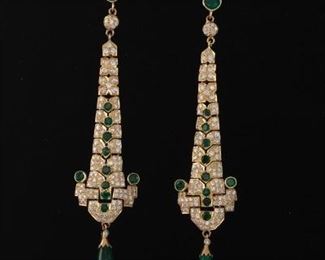 A Pair of Diamond and Emerald Drop Earrings 