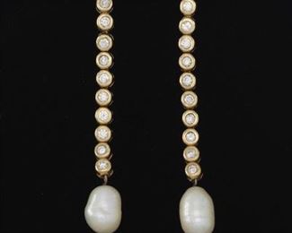 A Pair of Diamond and Pearl Pendant Earrings 