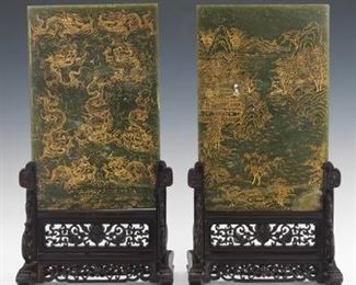 A Pair of GiltPainted Spinach Jade Screens, Qing 18th19th Century, Provenance Sothebys, October 1991 