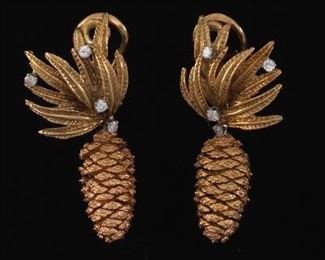 A Pair of Gold and Diamond Pinecone Earrings 