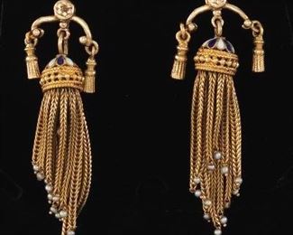 A Pair of Gold and Enamel Tassel Earrings 