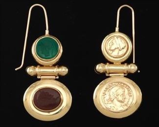 A Pair of Gold and Intaglio Pendant Earrings 