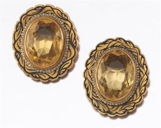 A Pair of Gold, Citrine, Pearl and Enamel Earrings 