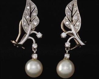 A Pair of Gold, Diamond and Pearl Earrings 
