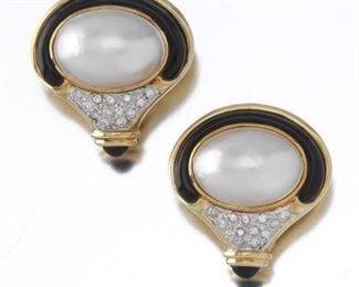 A Pair of Mabe Pearl, Onyx, and Diamond Earrings 