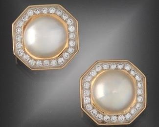 A Pair of Mabe Pearl and 3.00 Carat Diamond Earrings 