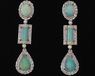 A Pair of Opal and Diamond Pendant Earrings 