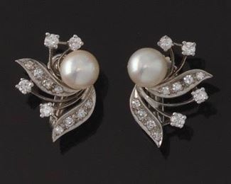 A Pair of Retro Gold, Pearl and Diamond Earrings 