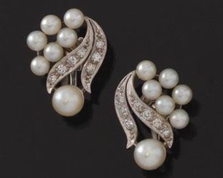 A Pair of Retro Pearl and Diamond Earrings 