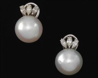 A Pair of South Sea Pearl and Diamond Earrings 