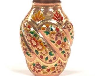 Aesthetic Movement Style Enamelled Hand Hammered Coper Lobbed Vase 