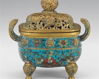 Antique Chinese Cloisonne Enamel Bronze Incense Burner with Lid, Jiaqing Marks 