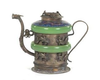 Antique Chinese Mixed Metals Cloisonne Enamel and Peking Glass Teapot 