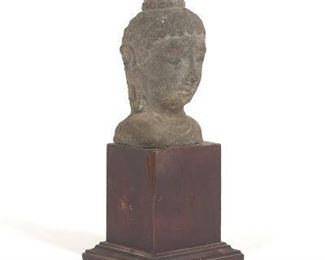 Antique Chinese Stone Buddha Bust on Wood Stand 