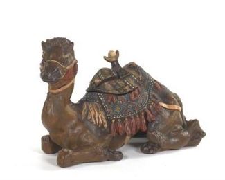 Antique Cold Painted White Metal Camel Shape Inkwell with Porcelain Insert 