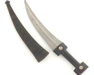 Antique Dagger with Black Handle, Carved Blade, and Scabbard 