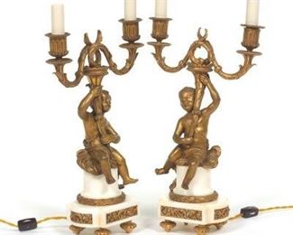 Antique French Pair of Gilt Bronze Putti Twin Light Candelabra 