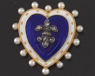 Antique Gold, Enamel, Diamond and Pearl Heart Brooch 