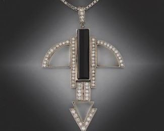 Art Deco Diamond, Onyx and Quartz Pendant