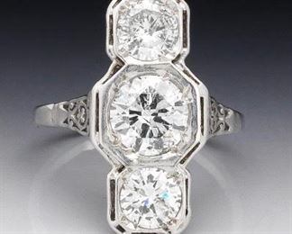 Art Deco Gold and Three Diamond 2.35 Carat Ring