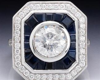 Art Deco Style 2.06 Carat Center Diamond, and Sapphire Ring 