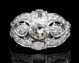 Art Deco Style Gold and 1.09 Carat Diamond Center Ring 