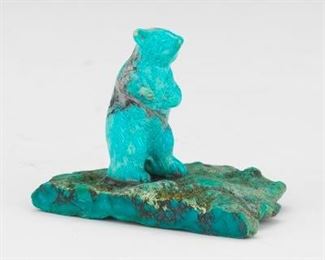 Canadian First Nations Carved Turquoise Bear on Boulder Base 