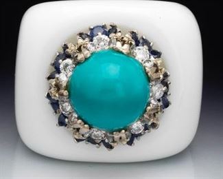 Carved Agate, Turquoise, Sapphire and Diamond Ring 
