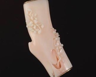 Carved Angel Skin Coral Branch and Gold Brooch 