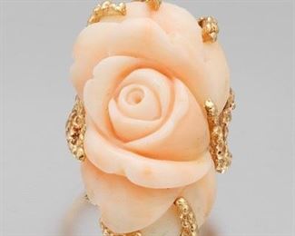 Carved Angel Skin Coral Rose Ring 