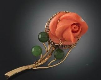 Carved Coral Rose and Jadeite Brooch 