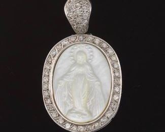 Carved Mother of Pearl and Diamond Pendant 