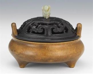Cast Bronze Censer with Wood and Jade Lid 