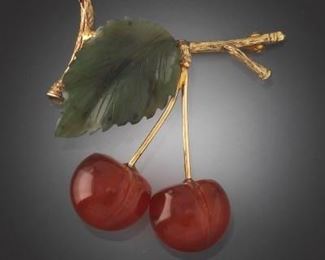 Charming Carnelian Cherry Brooch 