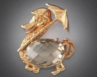 Charming Gold and Citrine Duck Brooch 