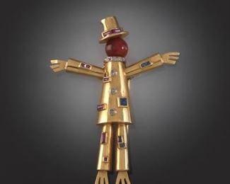 Charming Gold and Gemstone Scarecrow Brooch 