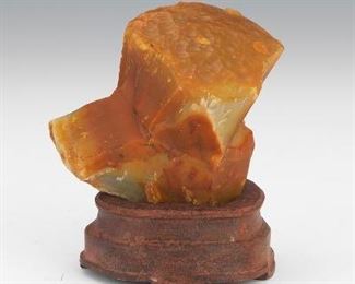 Chinese Agate MeatShaped Stone, on Wood Stand 