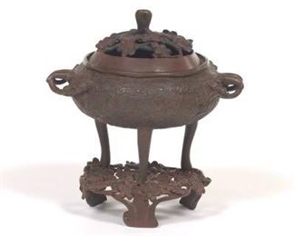 Chinese Bronze Floral Censor and Stand