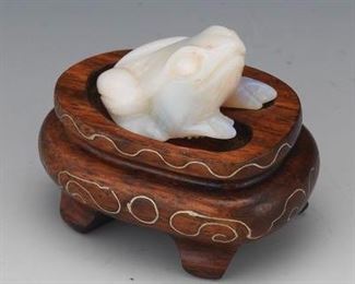 Chinese Carved Opal Lucky Frog, on Carved Wood Stand with Silver Wire 