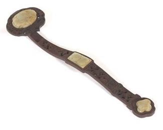 Chinese Carved Wood and Jade Ruyi Scepter